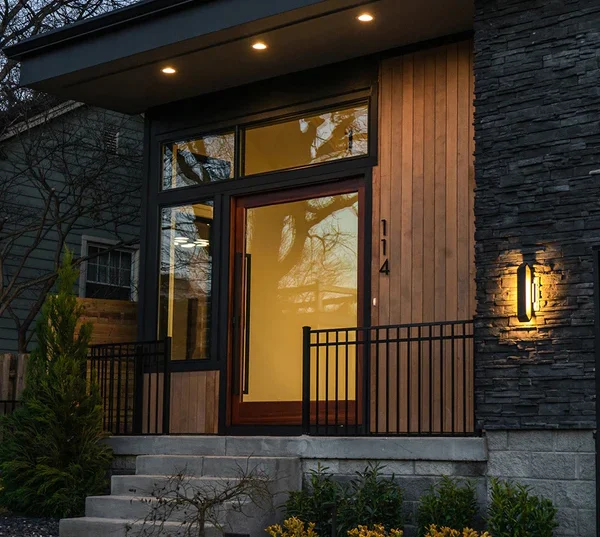 Modern front entrance with landscaping