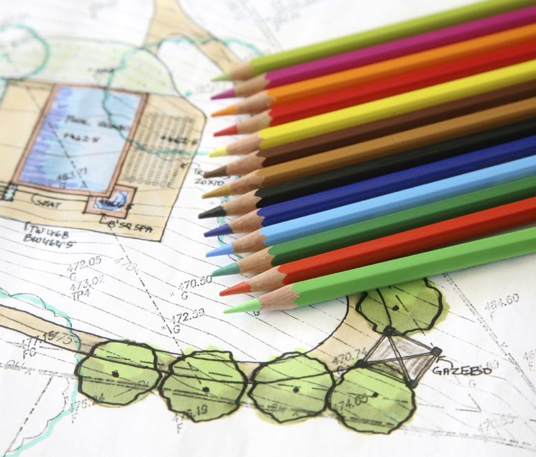 Landscape Drawing Plan Blueprint With Multi Colour Pencil Crayons 