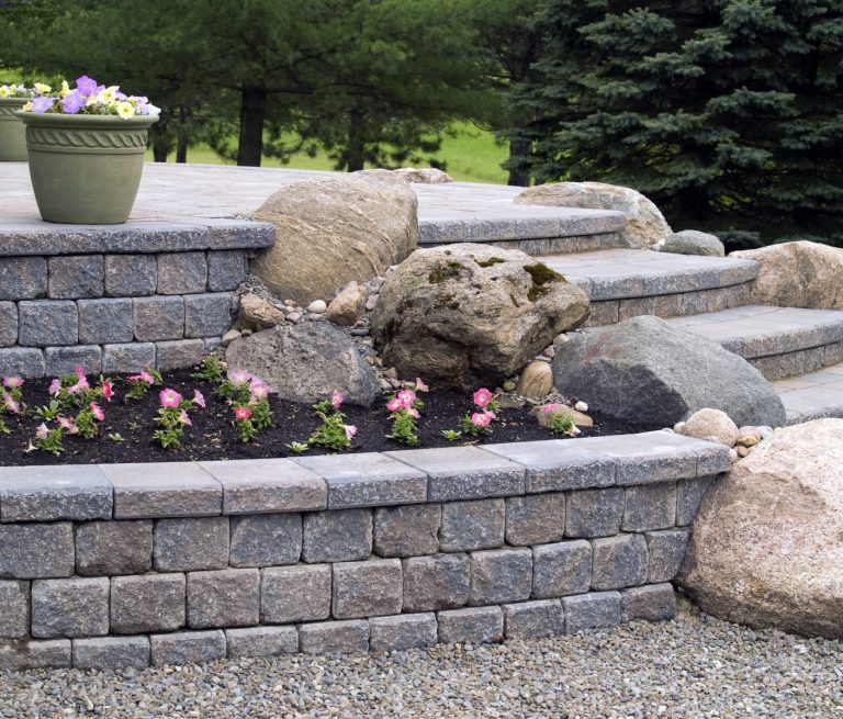 Retaining Wall With Garden Box, Boulders & Steps