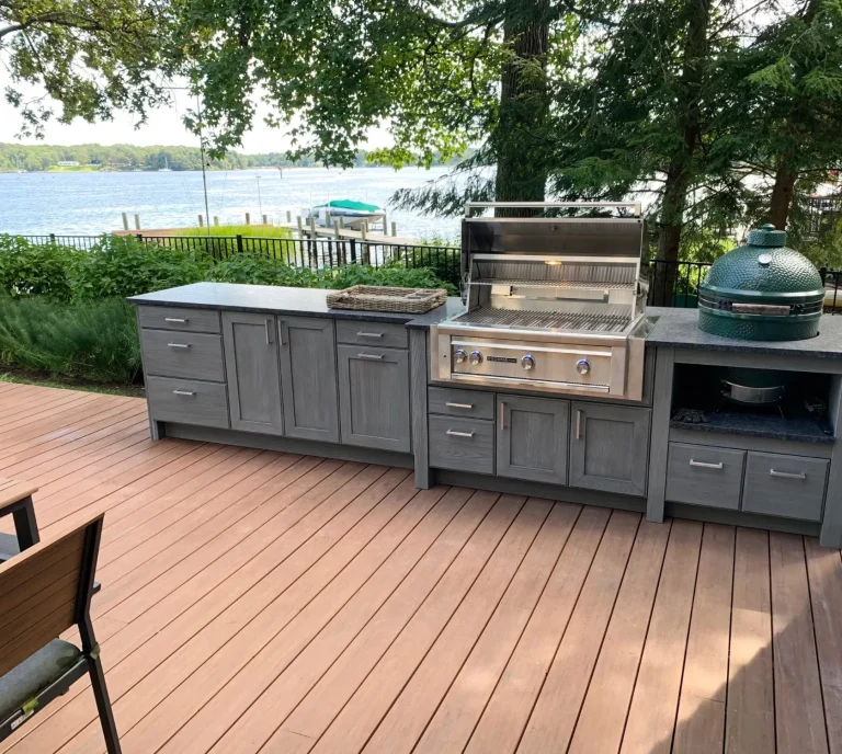 Custom wood design outdoor kitchen with BBQ and smoker