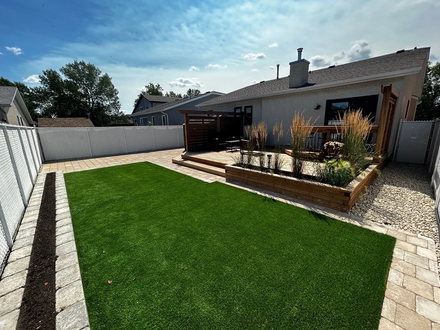 Backyard hardscaping & landscaping installation - artificial turf, roman pavers, quarry stone flower garden, pressure treated deck and garden box