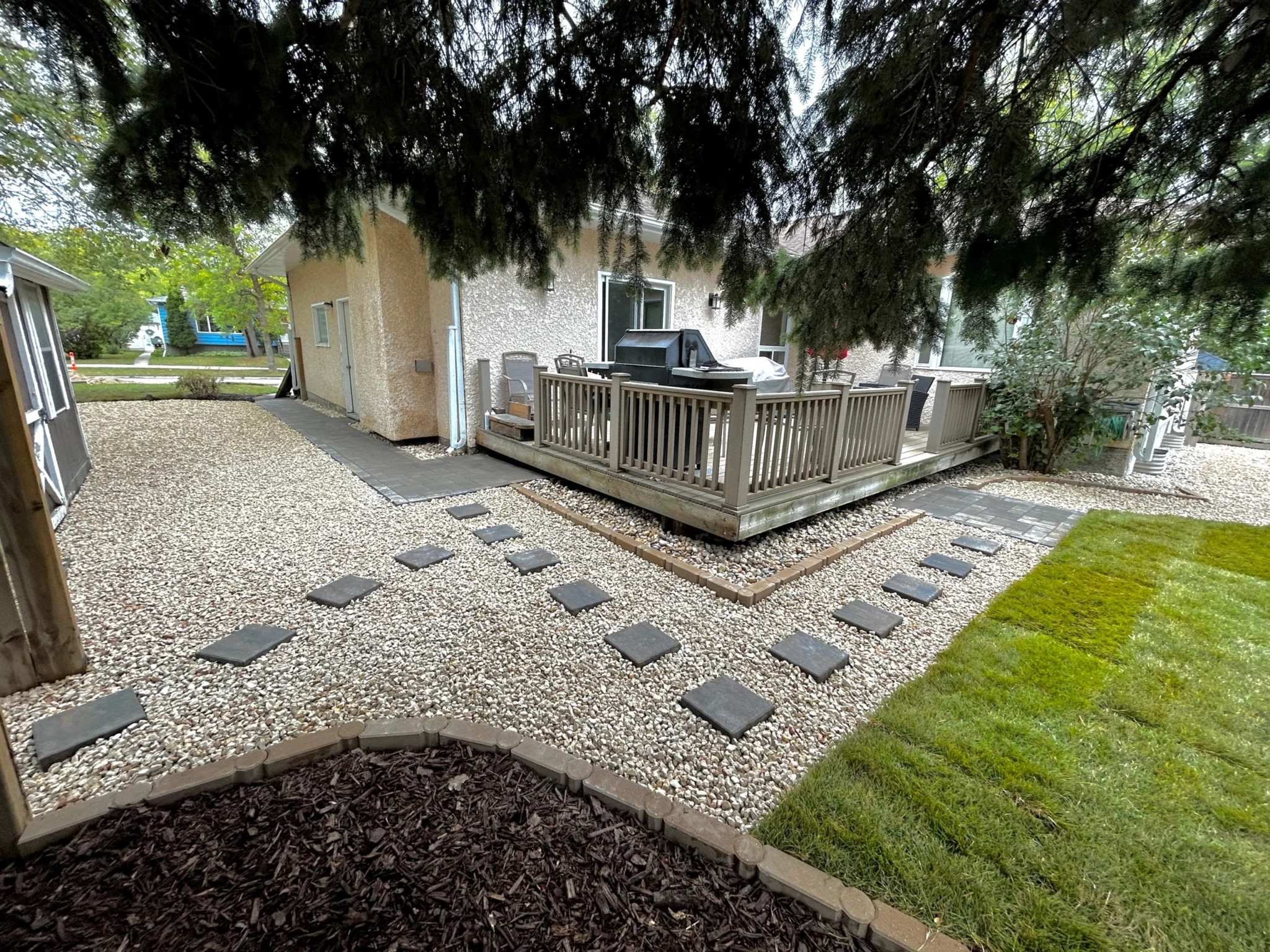 Decorative rock, steppingstones, icon edging with mulch & sod installation 