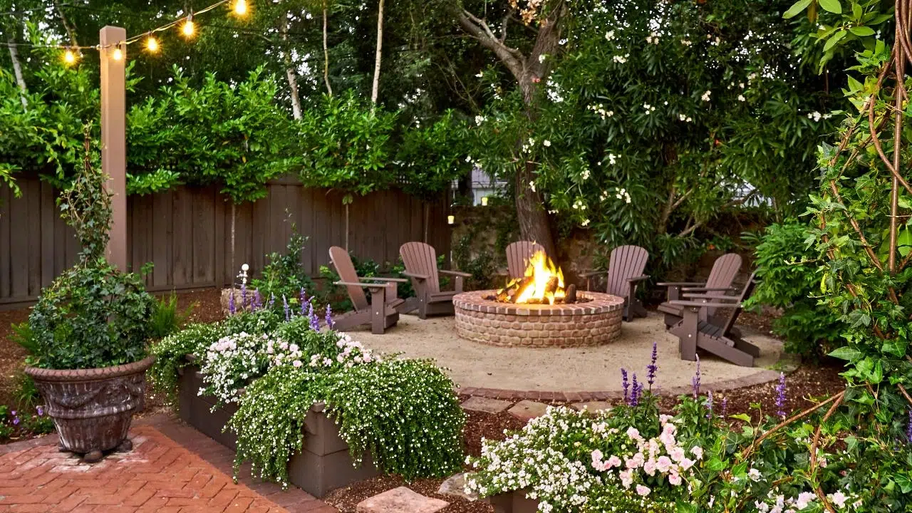 Backyard patio with plants, fire pit and seating