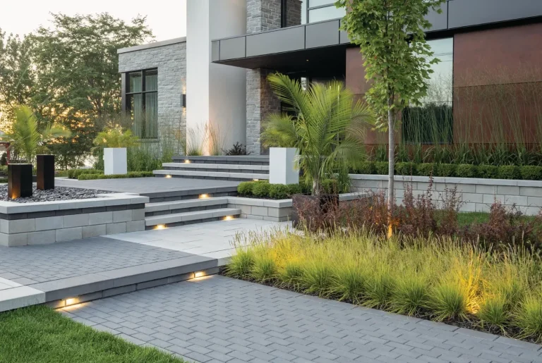 Modern Winnipeg landscaping front entrance with paving stone walkway & retaining wall gardens