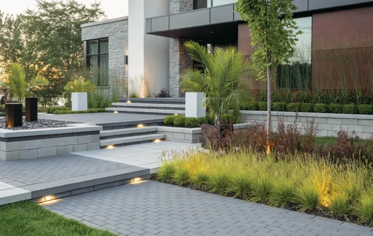 Modern Winnipeg landscaping front entrance with paving stone walkway, retaining wall flower gardens and full landscaping