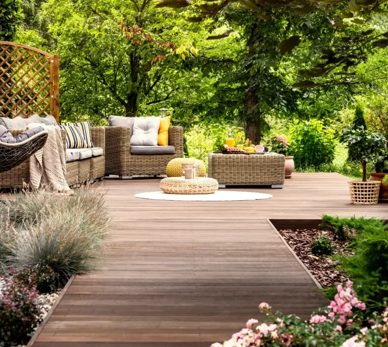 Wooden walk out deck with patio furniture - outdoor living 