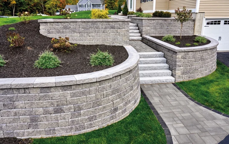 Front Yard Retaining Wall With Steps & Flower Gardens