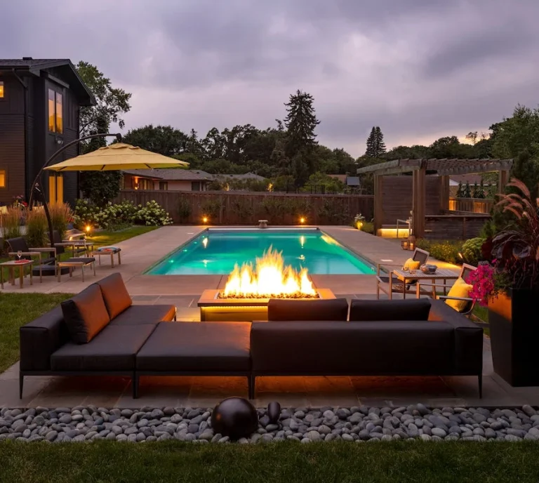 Dream backyard inground pool gas fireplace modern backyard oasis