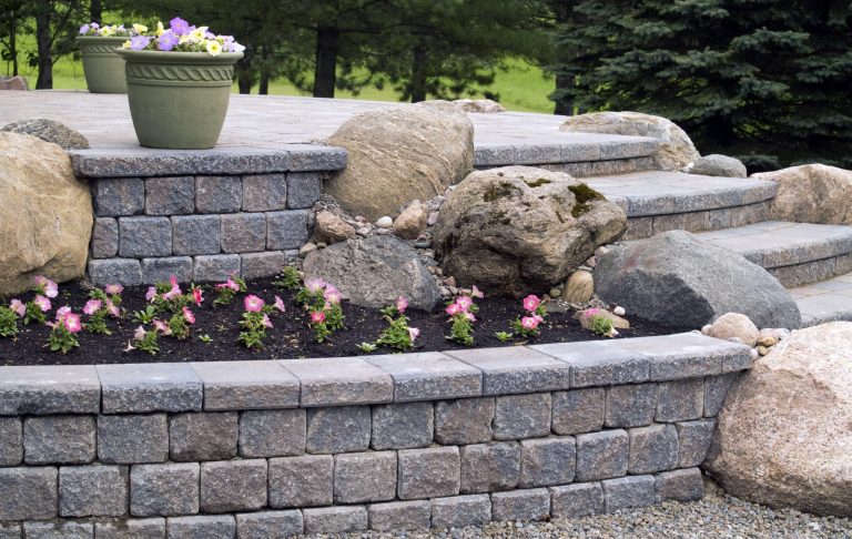 Retaining Wall With Garden Box, Boulders & Steps