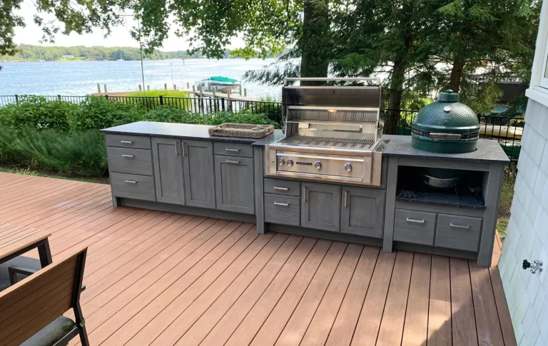 Custom wood design outdoor kitchen with BBQ and smoker