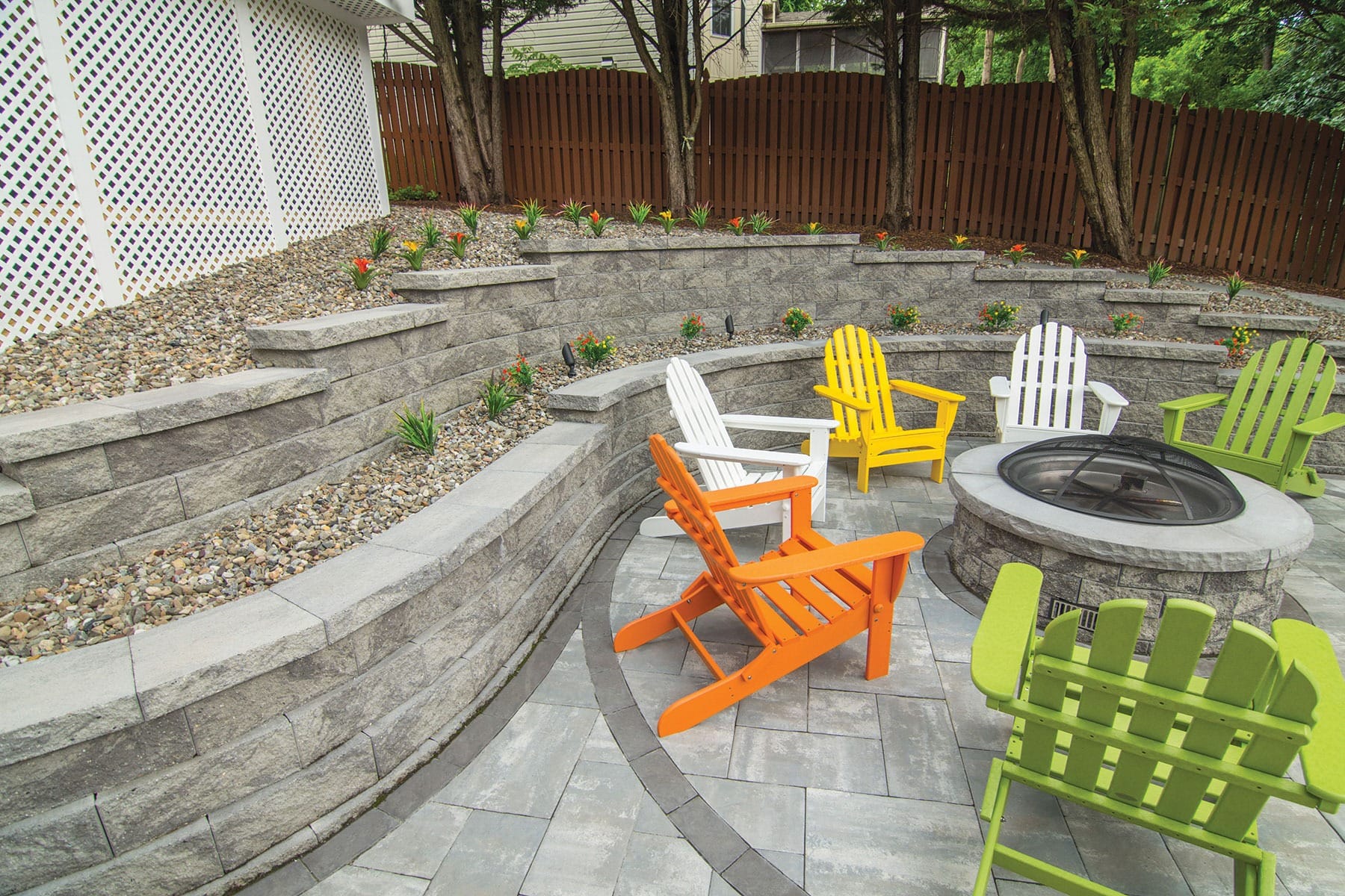 Backyard retaining wall for structural support with garden, firepit and patio Winnipeg Manitoba Landscaping